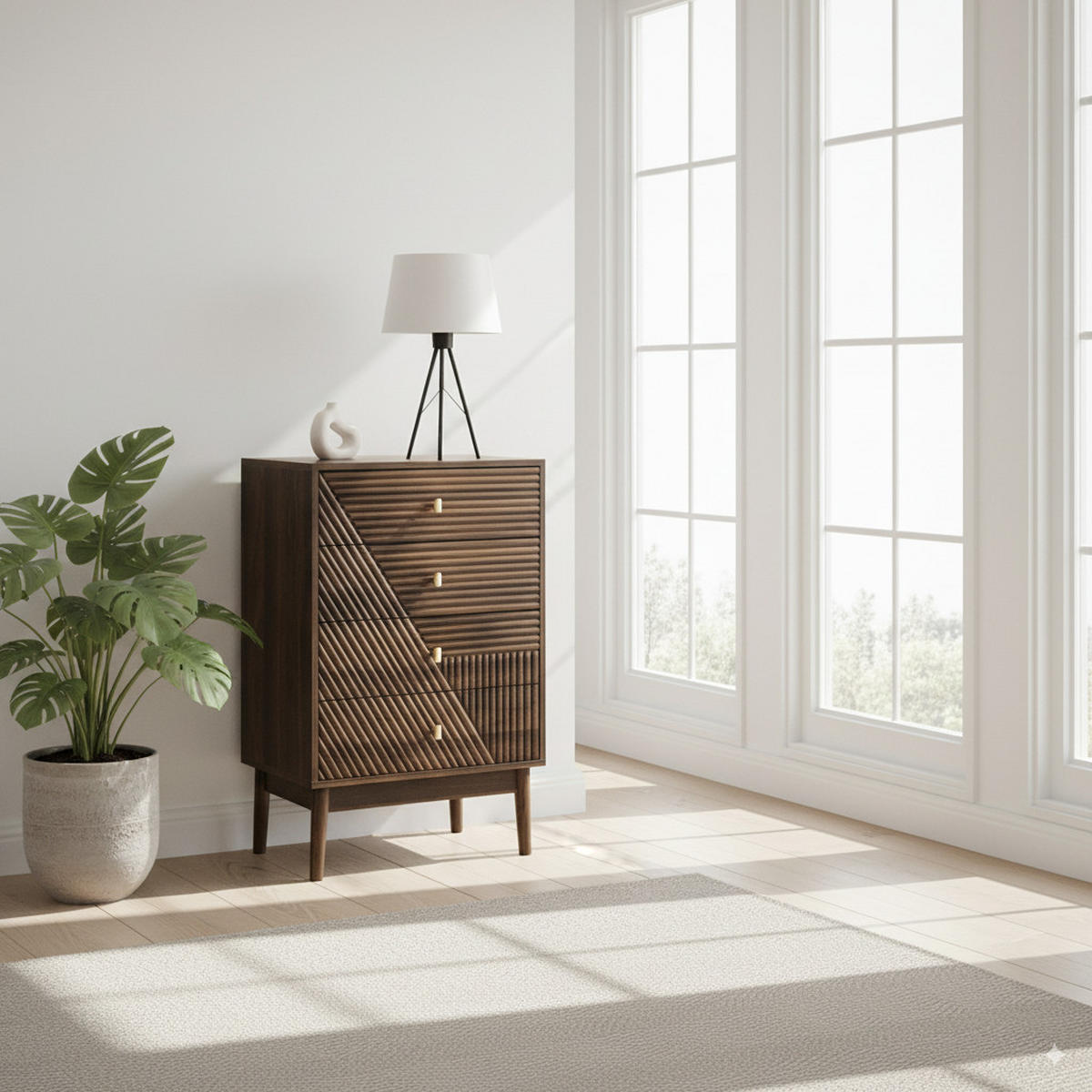 HIGHBOARD Eiche mit Rattanfronten und Schubladen - Braun, Holzwerkstoff (60/90/40cm) - Urban Meuble