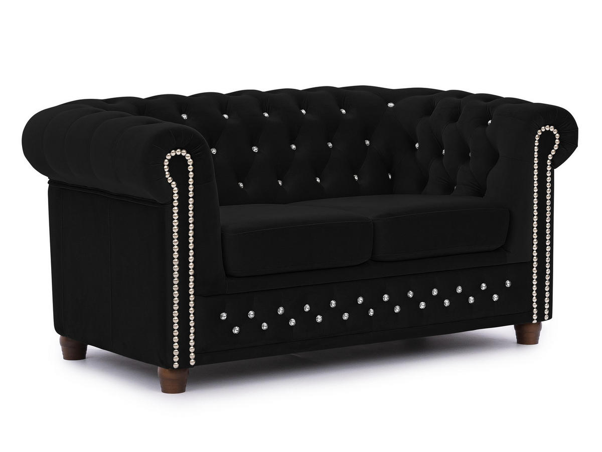 CHESTERFIELD-SOFA 2-sitzer Cleo Blink Schwarz Samt mit Kristallsteppung und braunen Massivholzfüßen - Schwarz/Braun, Holz/Textil (148/72/86cm) - S-Style Möbel