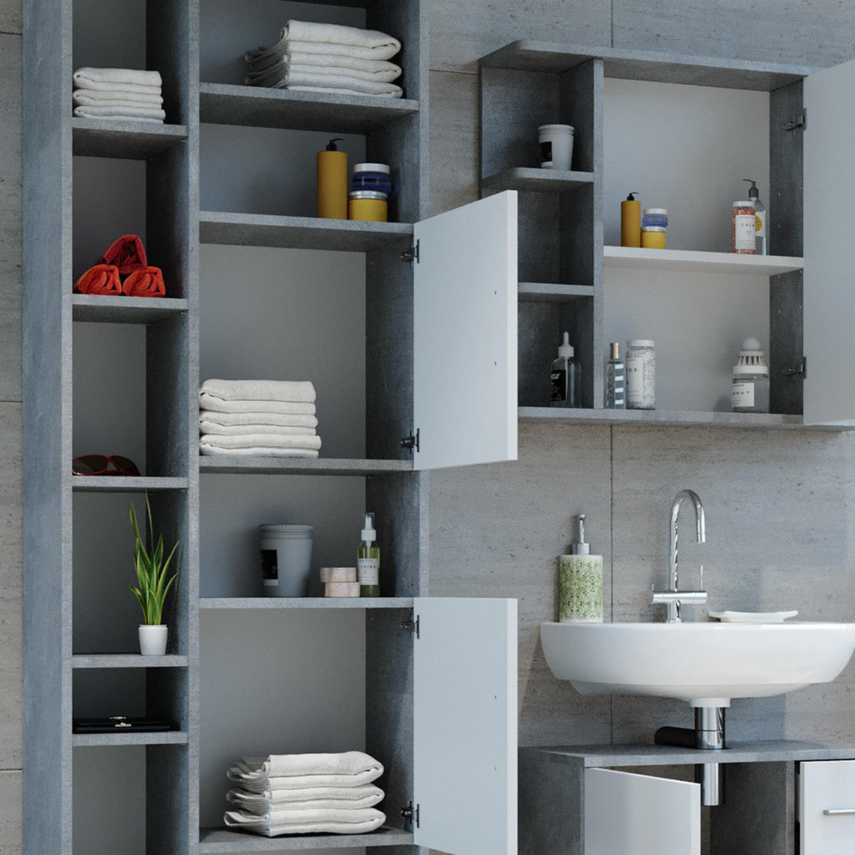 BADSCHRANK Ilias Beton 60 x 190 cm - Schieferfarben/Grau, Holzwerkstoff (60/190/30cm) - Vicco