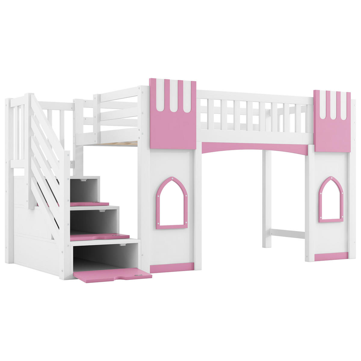 HOCHBETT 90/200 cm in Weiß & Rosa mit Stauraumtreppe und Fenstern aus Holz im verspielten Design - Rosa, Holzwerkstoff (90/200cm) - STILVORA