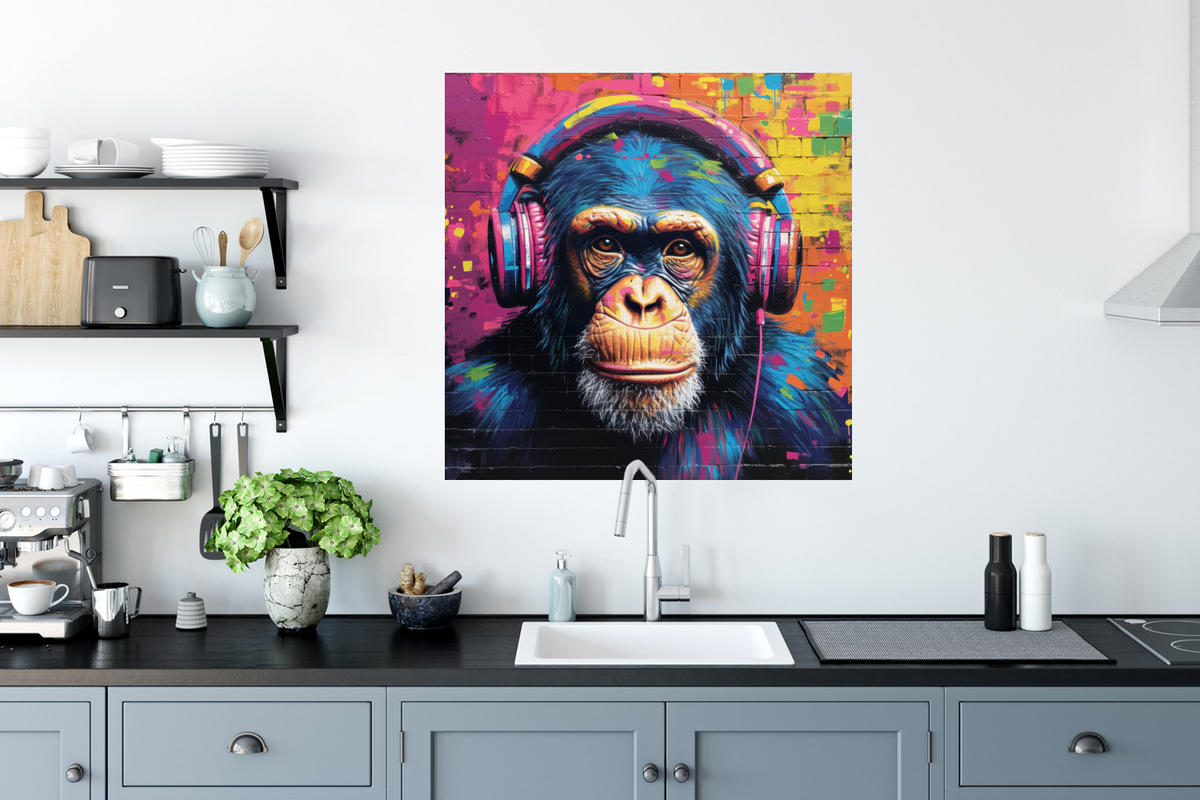 WANDTATTOO Graffiti - Schimpanse - Straßenkunst - Kopfhörer - Affe 50x50 cm - Blau, Kunststoff (50/50/0.1cm) - MuchoWow