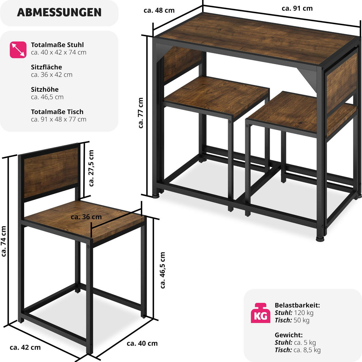 SITZGRUPPE Milton,mit höhenverstellbaren Kunststofffüßen,Industrial Holz dunkel, rustikal - Rostfarben, Holzwerkstoff (48/77/91cm) - tectake