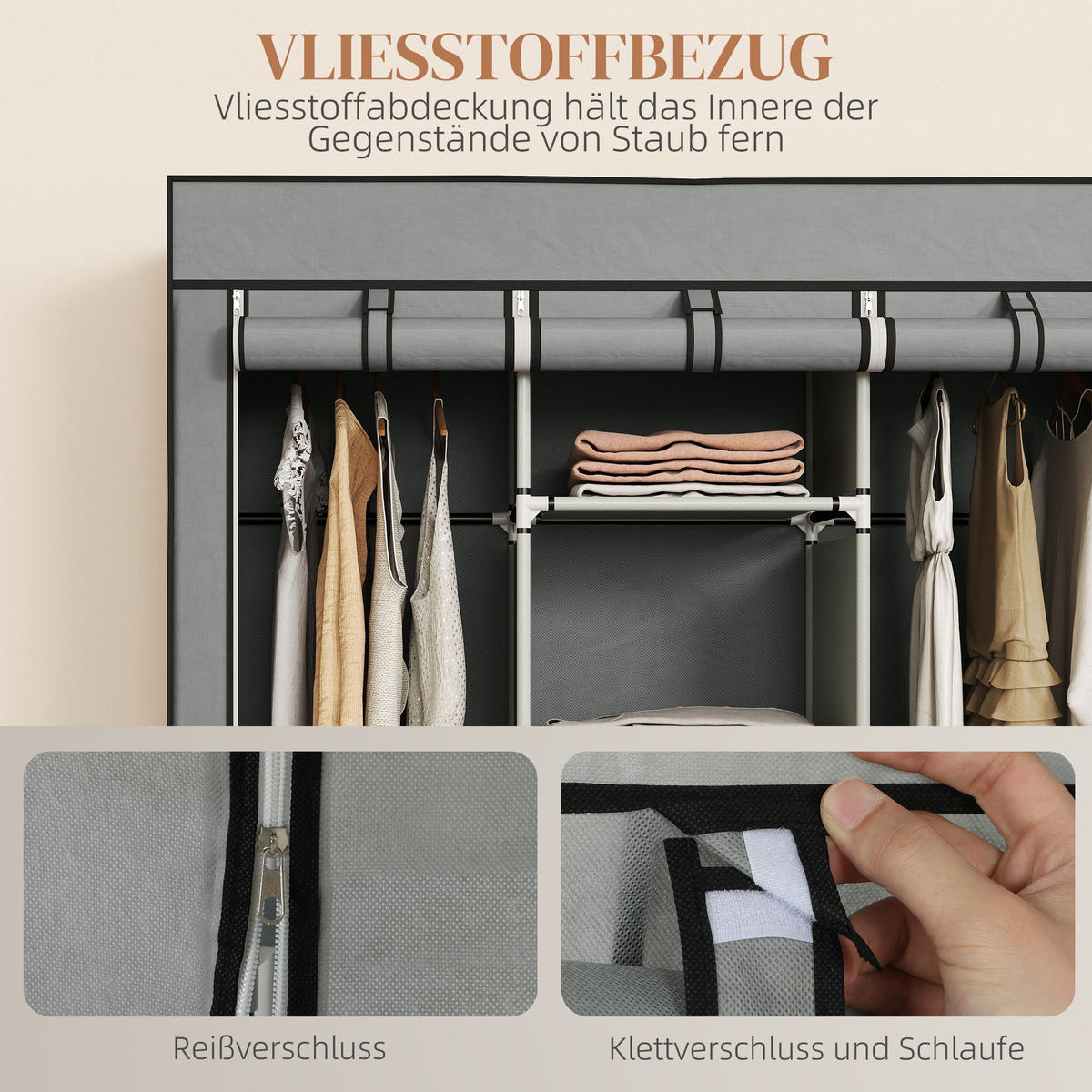 STOFFSCHRANK Stahl Vliesstoff Hellgrau - Hellgrau, Kunststoff (43/162.5/125cm) - HOMCOM