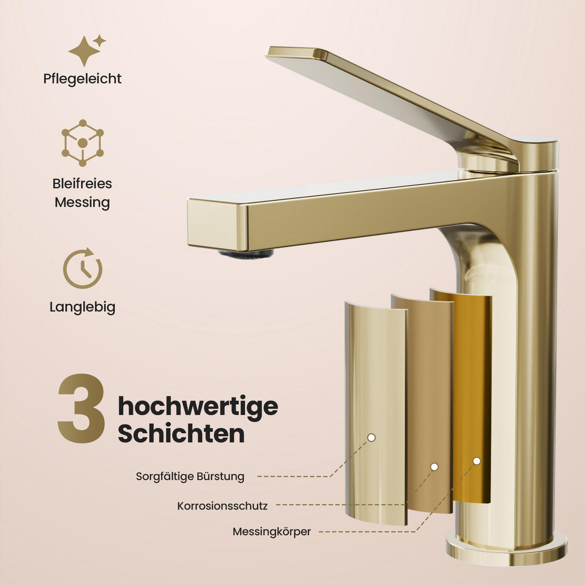 WASCHTISCHARMATUR mit Spulen-Zertifiziertem Filterelement Champagnergold - Goldfarben, Metall (17.3/4.6/19.5cm) - EMKE