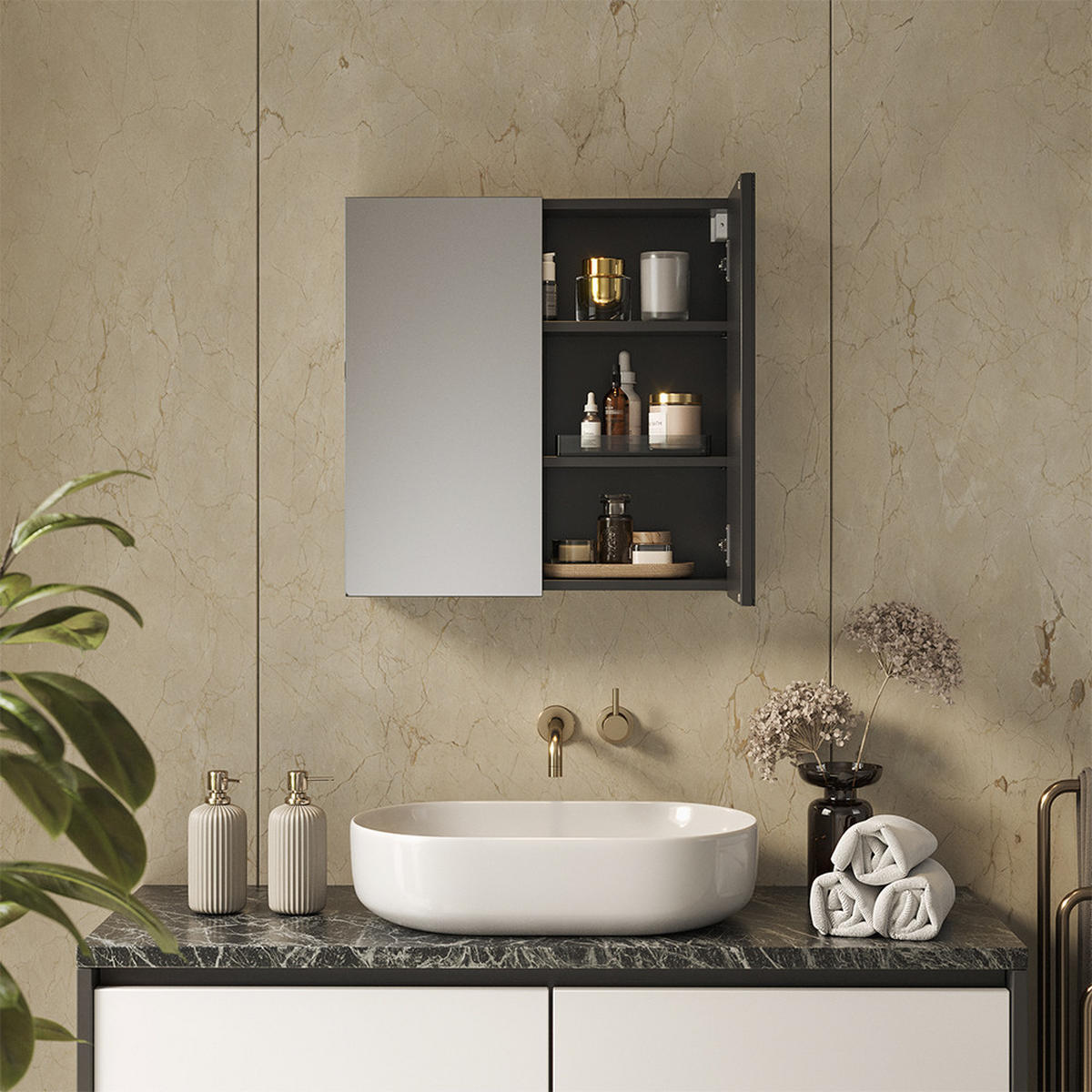 KOPALNIŠKA OMARICA Z OGLEDALOM Lavia, Antracit, 60 x 60.2 cm - antracit, leseni material (60/170/17cm) - Vicco