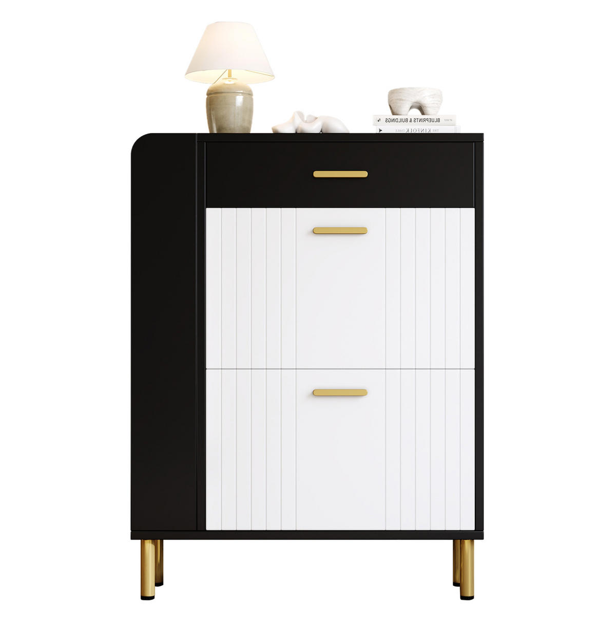SCHUHSCHRANK 80/24/105 cm mit 2 Klappen, 1 Schublade und offenen Fächern aus MDF und Spanplatte, Weiß/Schwarz - Weiß, Holzwerkstoff (80/105/24cm) - Redom