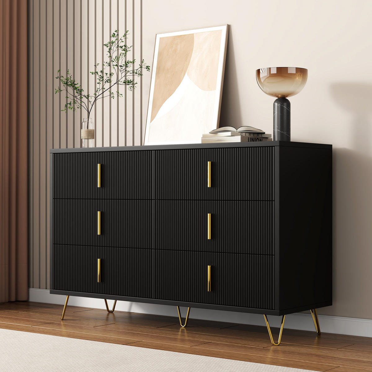KOMMODE 120/40/77 cm aus Spanplatte mit 6 Schubladen Schwarz/Gold - Schwarz, Holzwerkstoff (120/77/40cm) - Modenvie