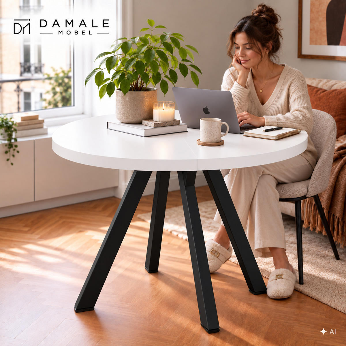 ESSTISCH rund ausziehbar 100/200/76 cm, Weiß, 54 cm Tischplatte + Y Metallgestell Schwarz - Schwarz/Weiß, Holzwerkstoff/Metall (100/200/76cm) - Damale Möbel