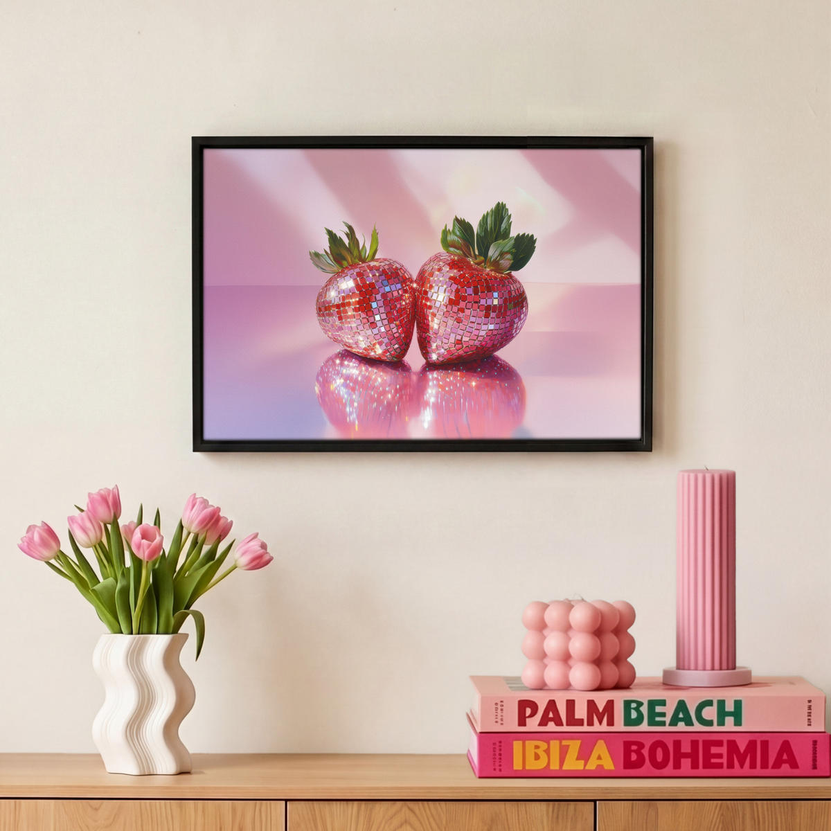 LEINWAND Bilder mit Rahmen - Disco - Obst - Glitzer - Erdbeere - 30x20 - Pink, Textil (30/20cm) - MuchoWow
