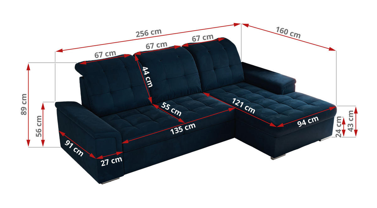 ECKSOFA MADRITO L - Dunkelblau Velorus - Rechts - Silberfarben/Dunkelblau, Textil/Metall (256/160cm)