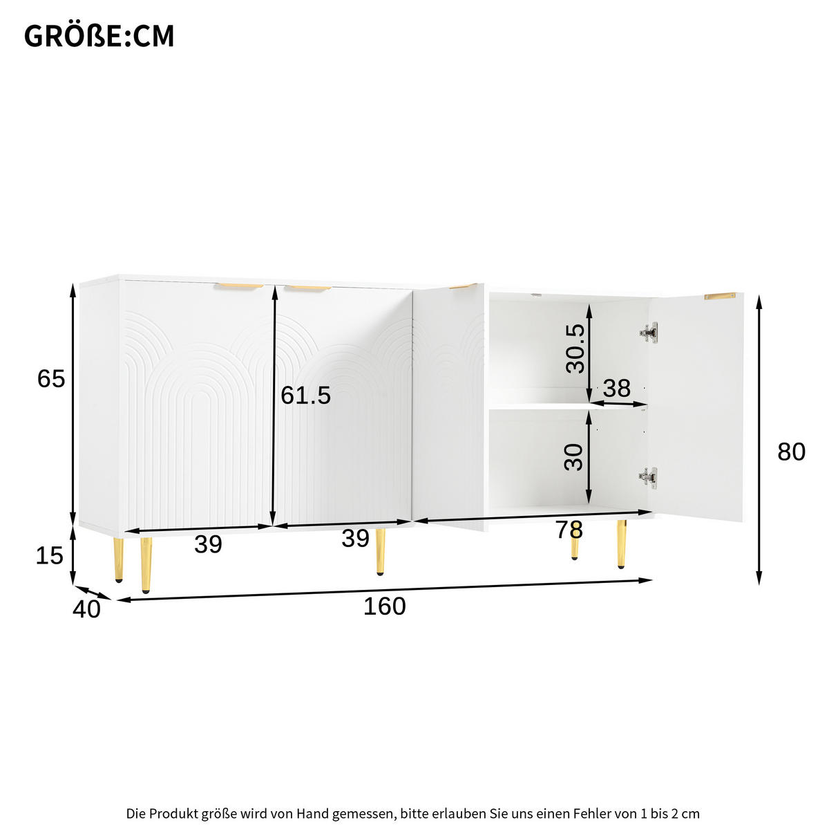 SIDEBOARD aus MDF und Spanplatte 160x40x80 cm Weiß mit 4 Türen, verstellbaren Einlegeböden und Soft-Close - Weiß, Holzwerkstoff (160/80/40cm) - Modfu
