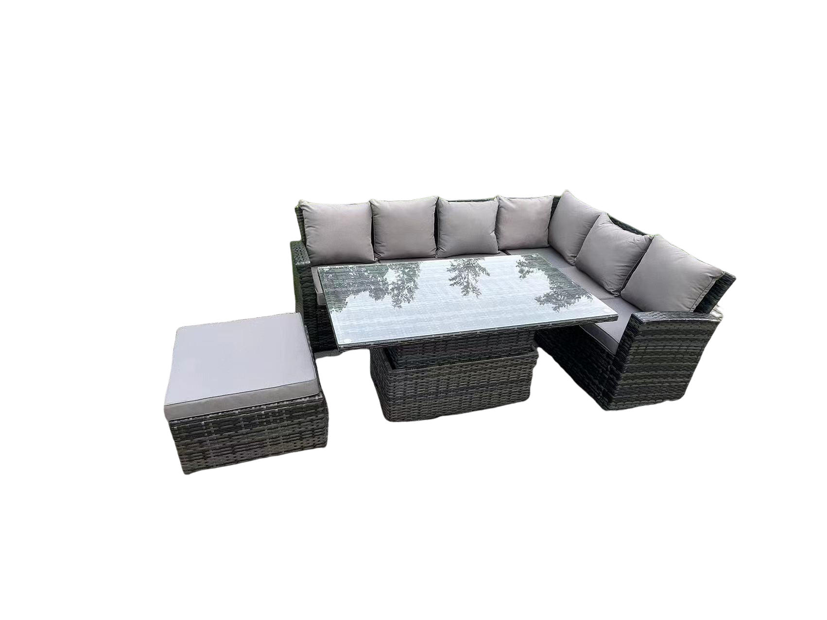 GARTENSET Polyrattan 7-Sitzer - Dunkelgrau/Grau, Glas/Kunststoff - Fimous