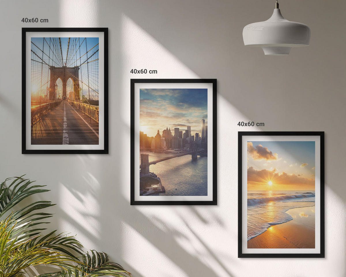 BILDER SET 3er Set - 40x60 cm Schwarzer Rahmen - Brücken, Sonnenuntergänge, Stadt - Schwarz, Kunststoff (40/60cm) - TULUP