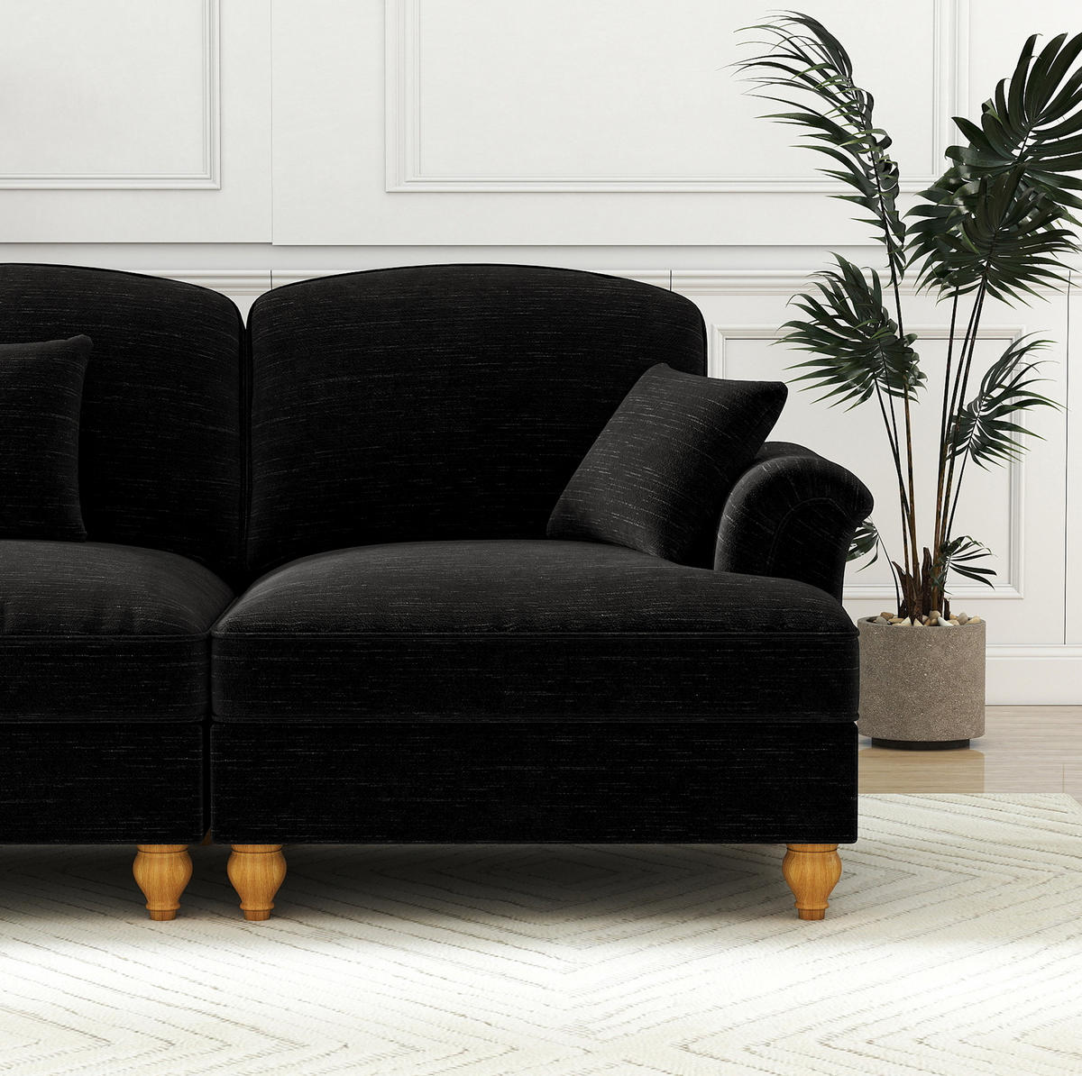 ECKSOFA 350/140/93 cm schwarz aus Chenille mit abnehmbarem Volant und beweglichem Hocker - Schwarz, Textil (140/350cm) - OKWISH