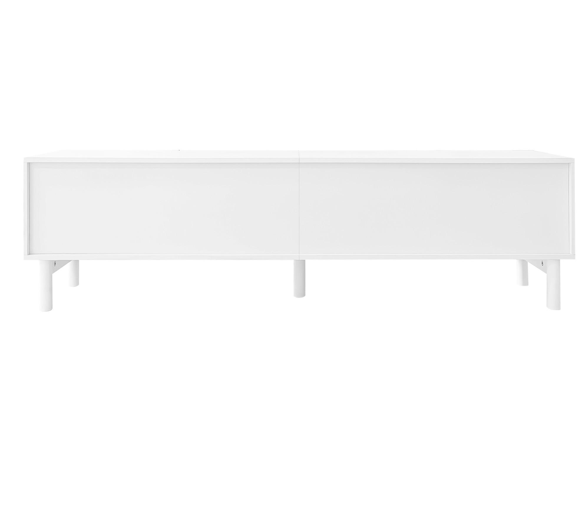 Modfu TV stolek z MDF a dřevotřísky 169x34x45,5 cm bílý se 4 dvířky, policemi a bezúchytkovým designem