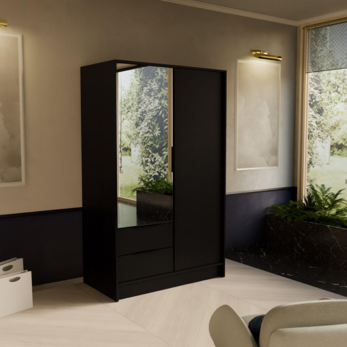 SCHRANK Schwarz NIKOLA 103 Mit Spiegel Und Verstellbaren Regalen - Transparent/Schwarz, Holzwerkstoff (102/200/51cm) - Sepro Meble