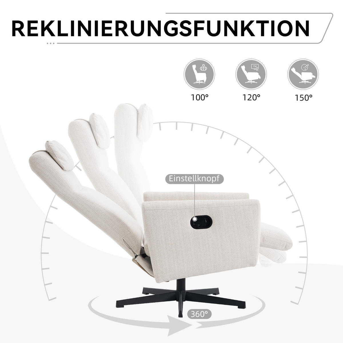 RELAXSESSEL Chenille mit Liegefunktion und 360° Drehfunktion 67/80.5/110 cm Beige - Beige, Textil (80.5/110/67cm) - Redom