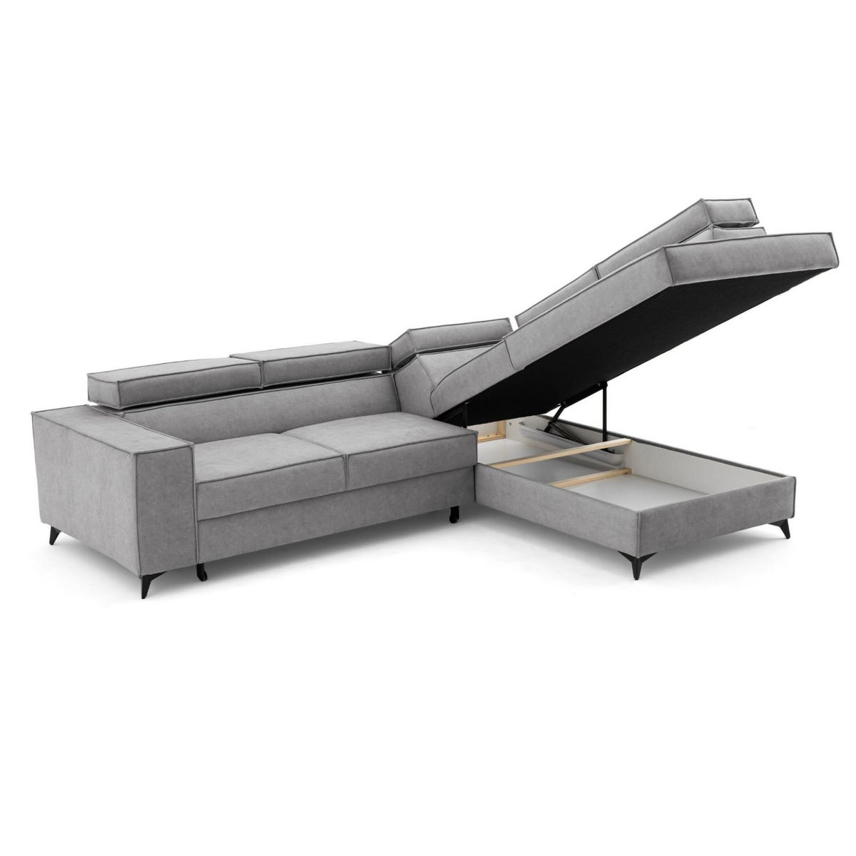 ECKSOFA PURE L Rechts mit Schlaffunktion 127x199 Velours Hellgrau - Hellgrau/Schwarz, Holz/Textil (204/281cm) - Muffo