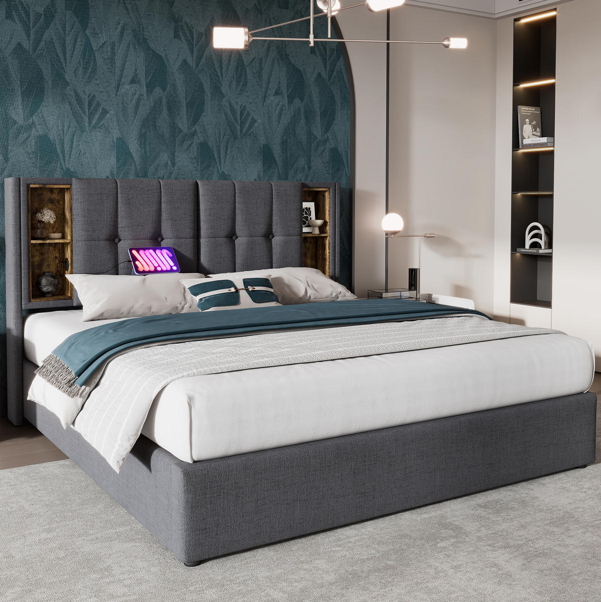 BETT mit Bettkasten & Ladefunktion 180x200 cm Baumwolle Grau - Grau, Metall (180/200cm) - Meubliv