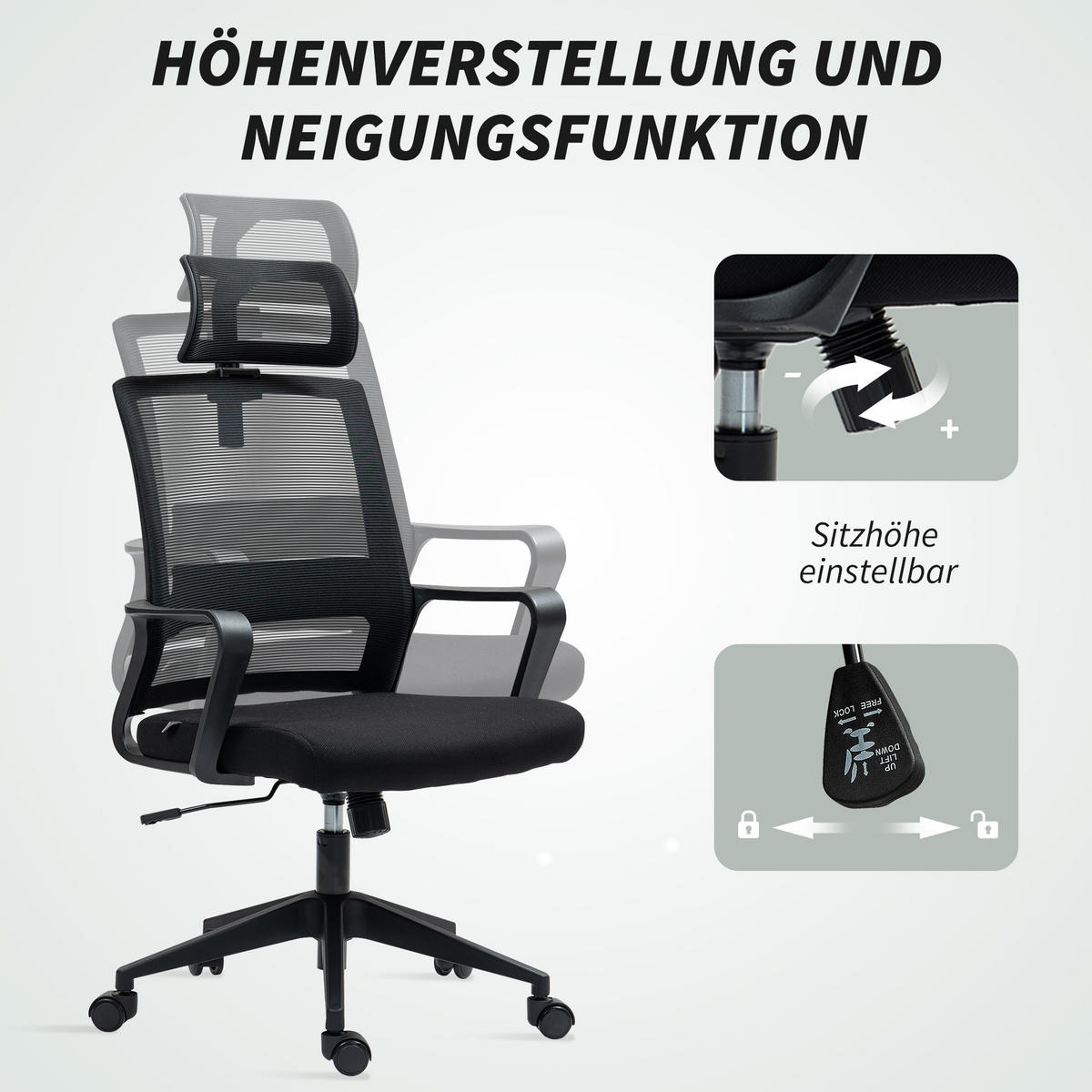 BÜROSTUHL Verstellbar Kopfstütze, Schwarz - Schwarz, Textil (64/112/60cm) - HOMCOM