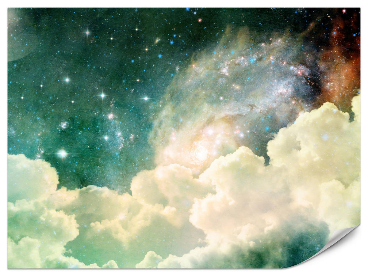 FOTOTAPETE für Kinderzimmer Kosmische Nebelwolken Sterne Galaxie Mystisch 350x256 - Türkis/Pastellgrün, Papier (350/256cm) - Muralo