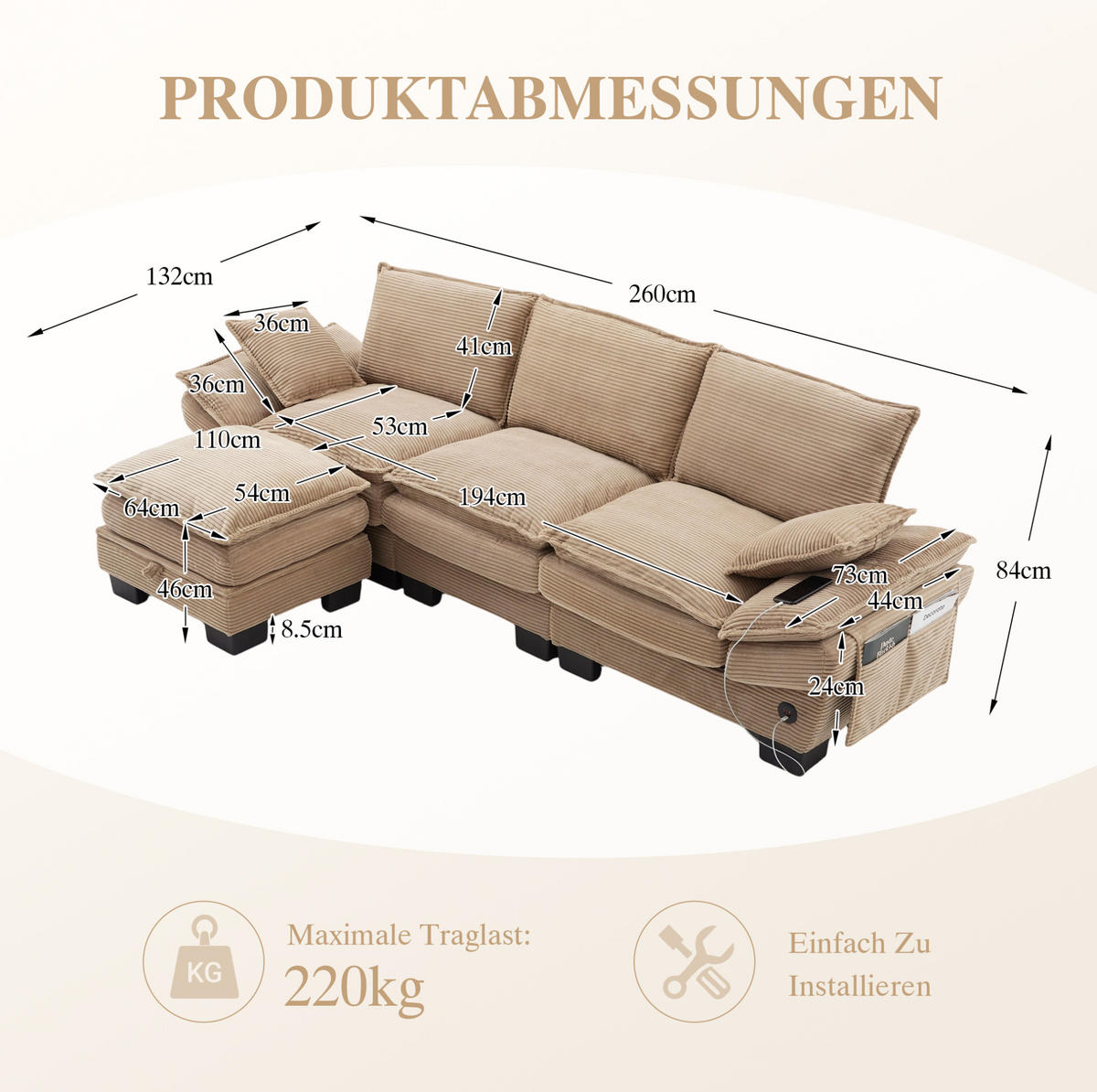 ECKSOFA 260/132/84 cm khaki aus Cord mit Hocker - Sandfarben, Textil (132/260cm) - OKWISH