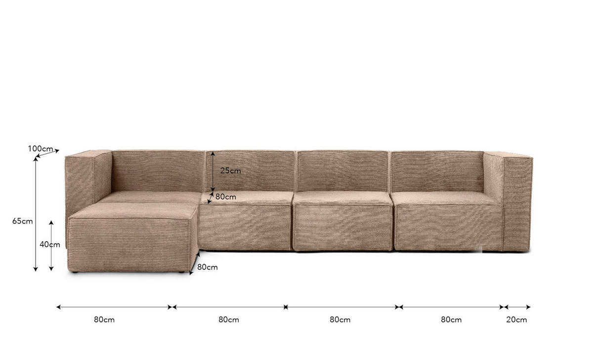 4-SITZER-SOFA Chaiselongue bezogen Steinkord-nicht modular-Samt HARPER - Beige, Textil (100/65/360cm) - RNT By Really Nice Things