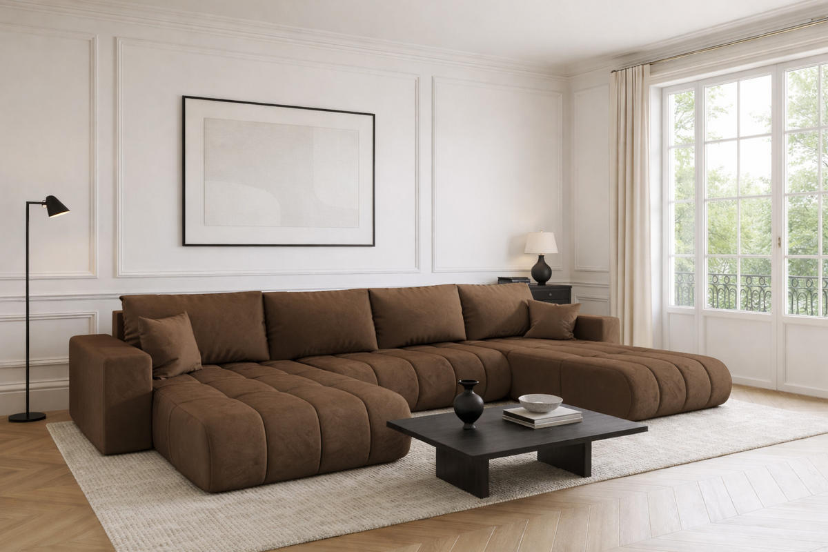 ECKSOFA mit schlaffunktion und bettkasten MILO U PREMIUM, stoff MONOLITH, Hellbraun - Hellbraun, Holz (384/190cm) - Kaiser Möbel