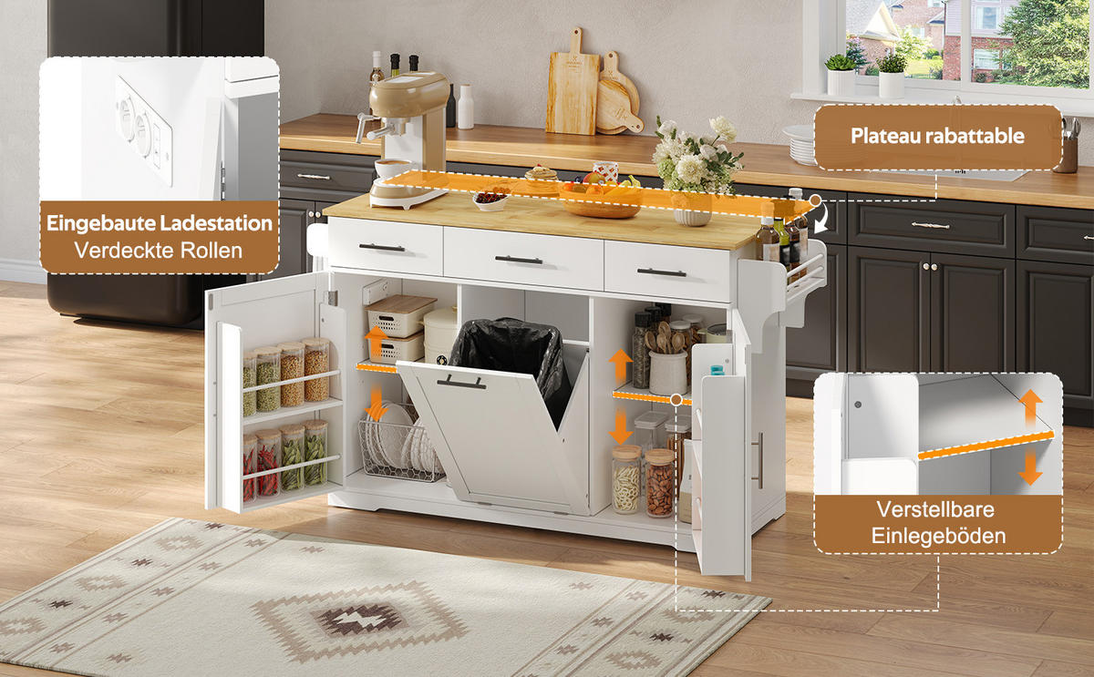 KÜCHENINSEL DE-41372 136/50-75/92 cm, klappbare Arbeitsplatte und Mülleimerschrank Weiß - Weiß, Holzwerkstoff (136/92/75cm) - ComfortXL
