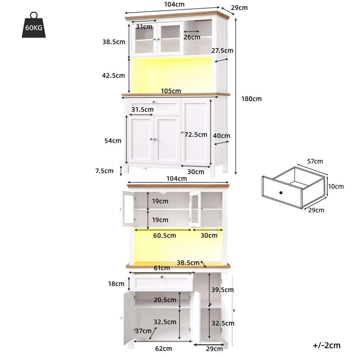 GESCHIRRSCHRANK aus MDF 104x40x180cm in Weiß mit App-LED & Anti-Kipp - Weiß, Holzwerkstoff (104/180/40cm) - Modfu