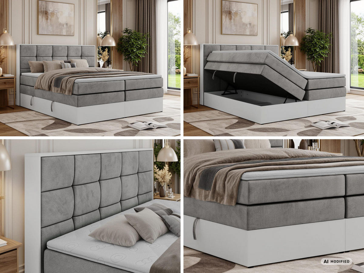 BOXSPRINGBETT ALVIT KING 180/200 - Hellgrau Velvet - Topper T25 - H4 - Hellgrau/Schwarz, Kunststoff/Textil (180/200cm) - MKS