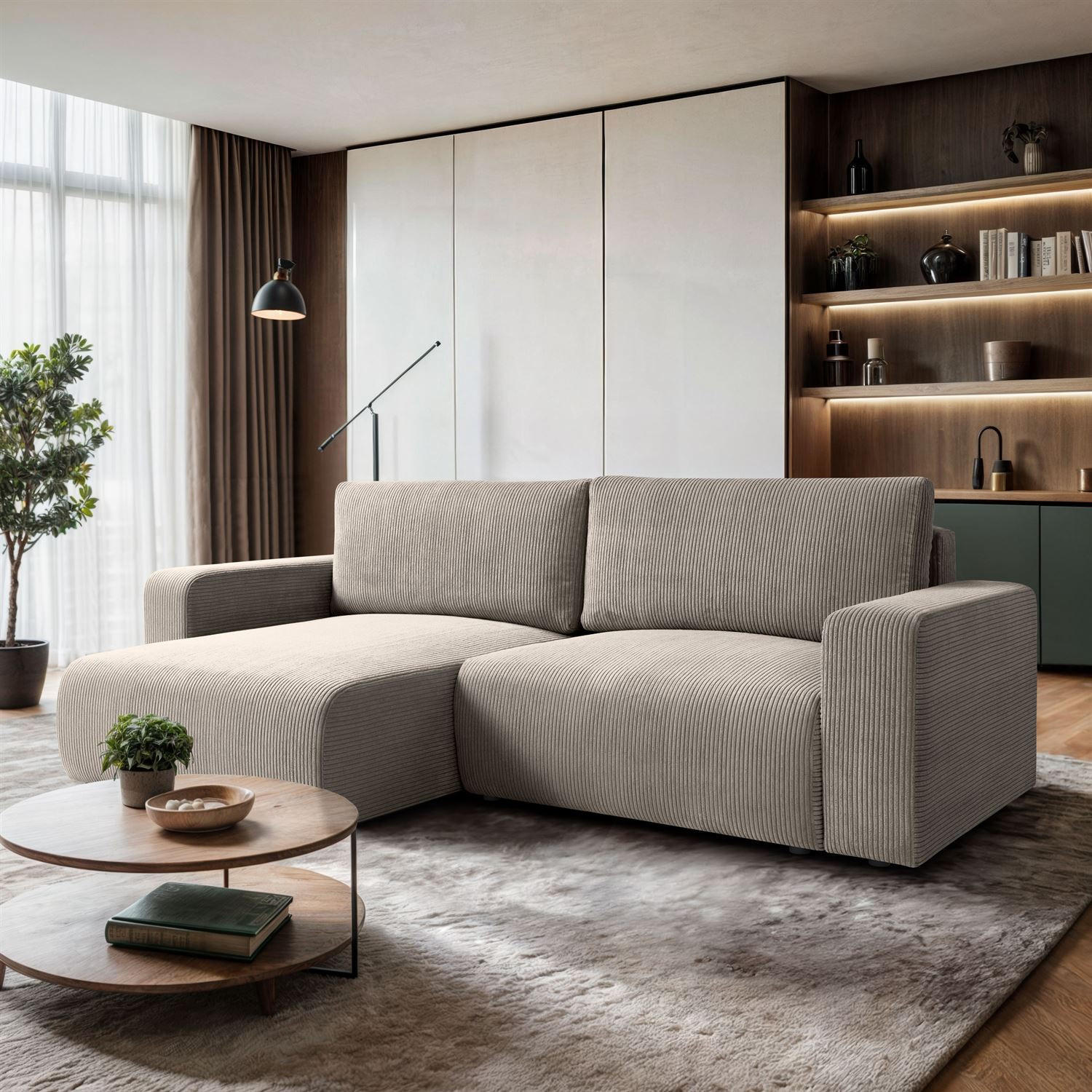 ECKSOFA OPERA L-Form mit Schlaffunktion und Bettkasten, Poso 02 - Beige, Textil (247/143cm) - Lookway