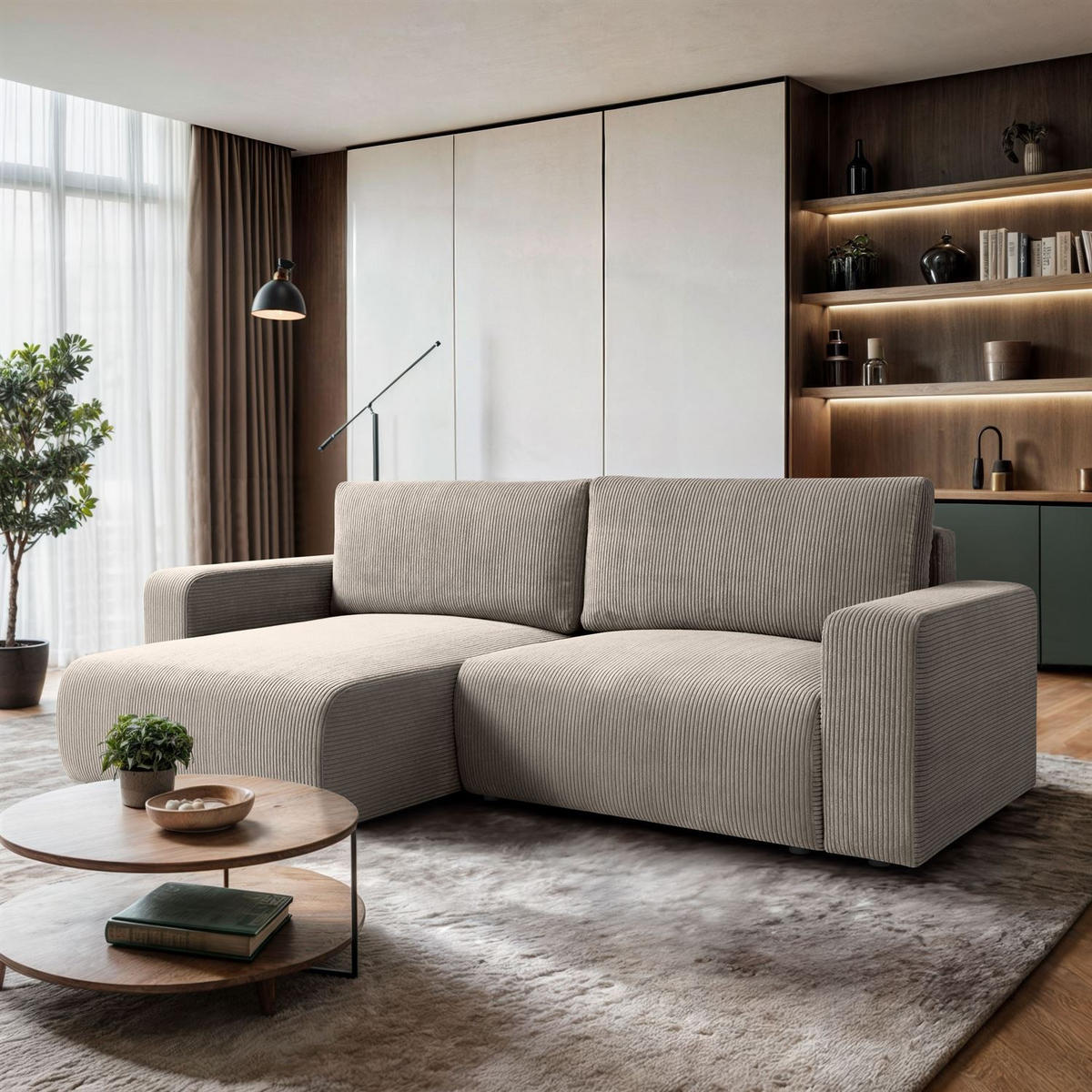 ECKSOFA OPERA L-Form mit Schlaffunktion und Bettkasten, Poso 02 - Beige, Textil (247/143cm) - Lookway