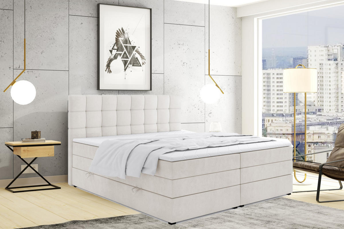 BOXSPRINGBETT Igella King Ecru 180x200 cm mit Matrazen H4 & Topper - Ecru, Holz (180/200cm) - Labett