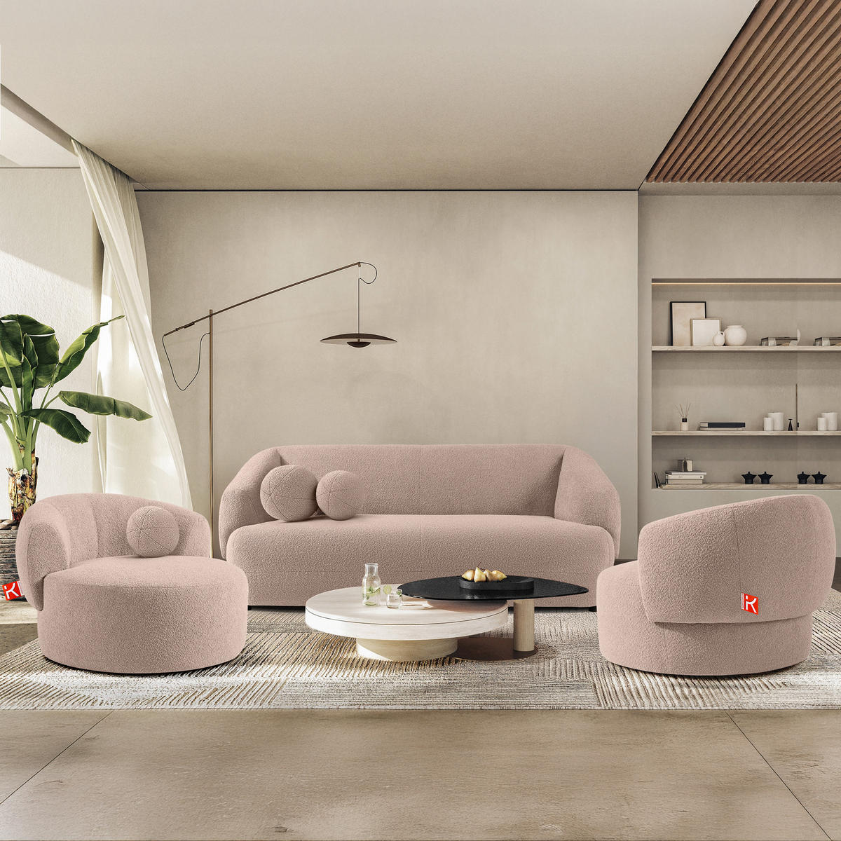EINZELSOFA VIRA, Rosa, Bouclé - Pink/Schwarz, Holz/Holzwerkstoff (210/84/100cm) - KONSIMO®