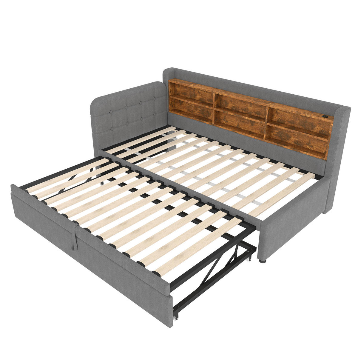 DAYBETT 90/200 cm Grau multifunktionales Ausziehbett mit USB- und Type-C-Anschlüssen aus Leinen - Grau, Textil (90/200cm) - OKWISH