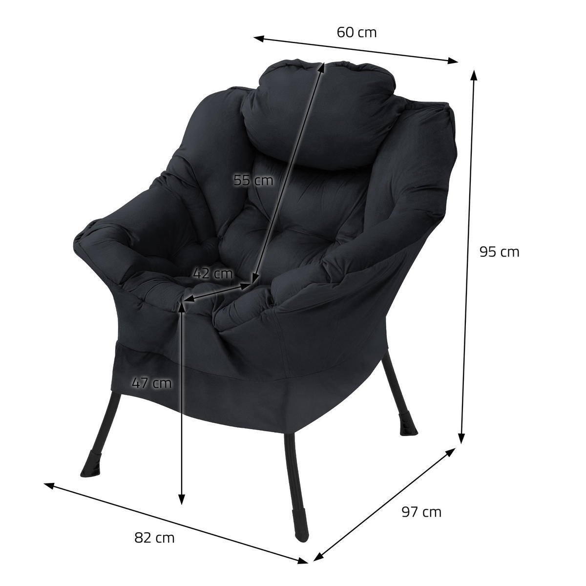 RELAXSESSEL Samt Schwarz - Schwarz, Metall (97/95/82cm) - ML-DESIGN
