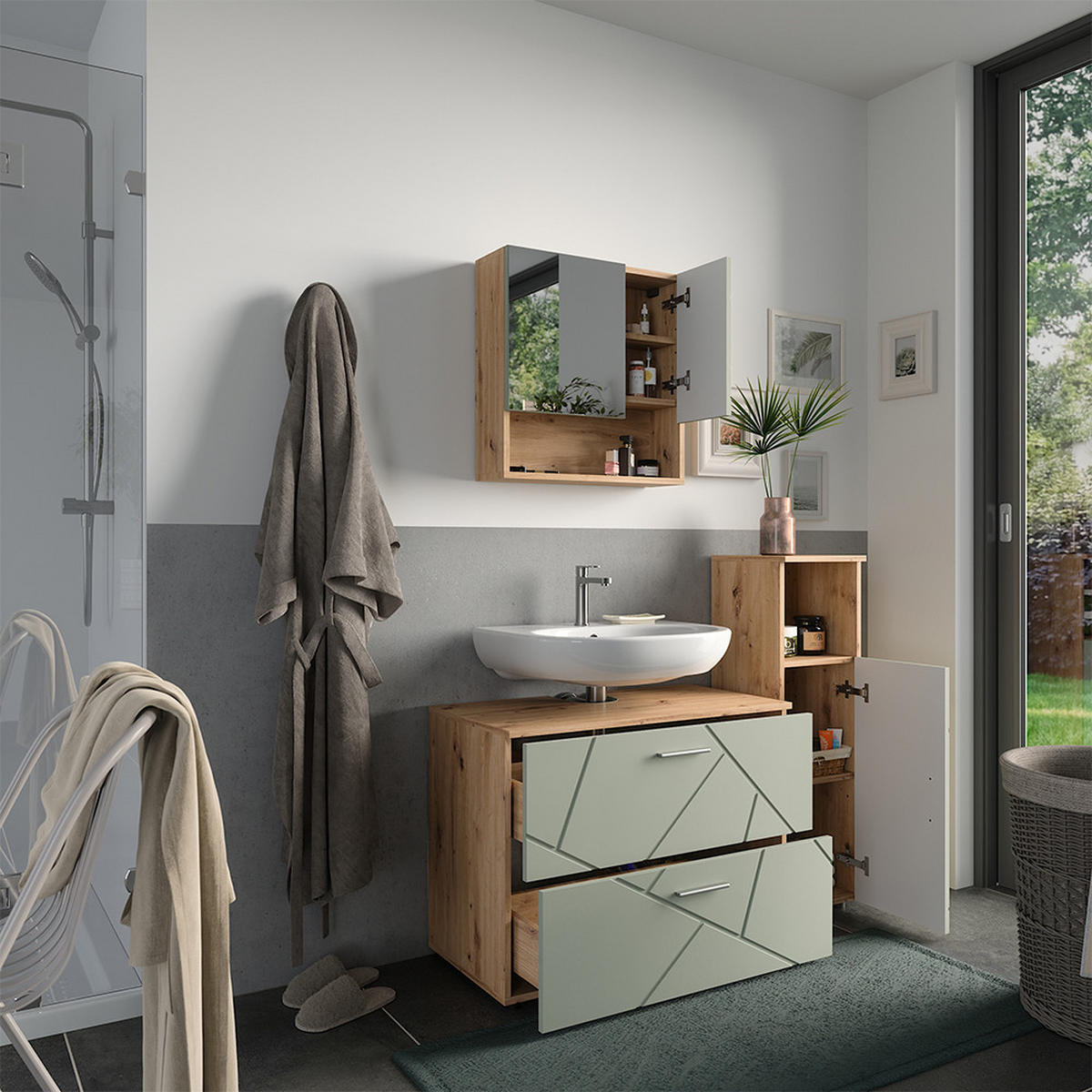 BADMÖBEL-SET Irma Salbeigrün 3 Teile - Salbeigrün, Holzwerkstoff (80/58.6/41cm) - Vicco