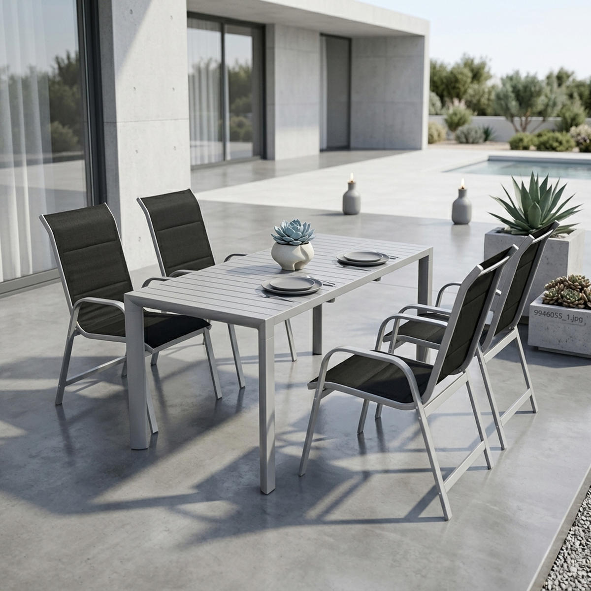 GARTEN-GARNITUR Ashford - 5-teilige Garten-Essgruppe (4x Stapelsessel Hochlehner Aluminium silbergrau + Textilgewebe gepolstert schwarz - Grau, Metall - TPFGarden