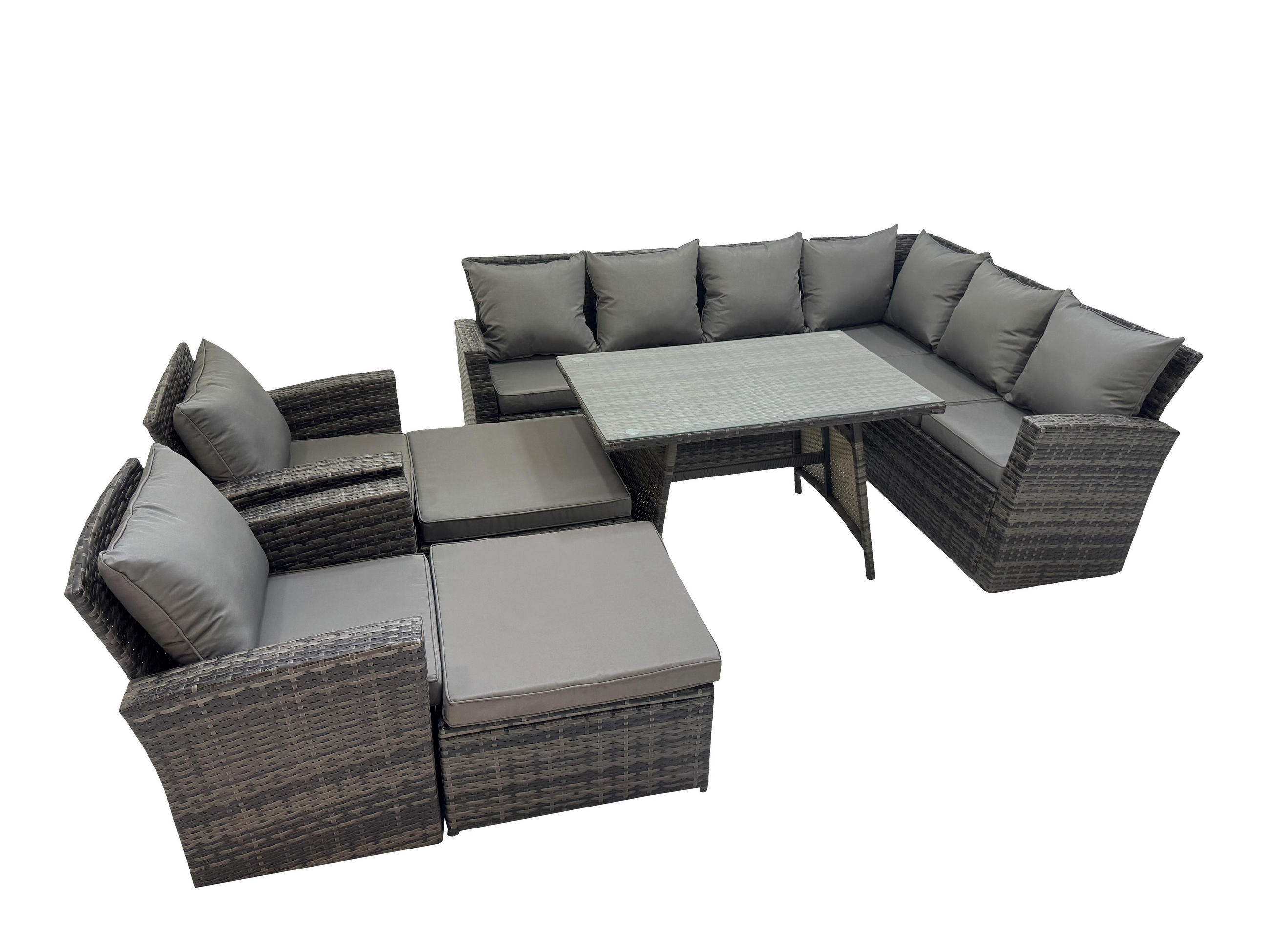 LOUNGEMÖBEL-SETS mit Esstisch Sofa Polyrattan Dunkelgrau 10-Sitzer - Dunkelgrau/Grau, Glas/Kunststoff - Fimous