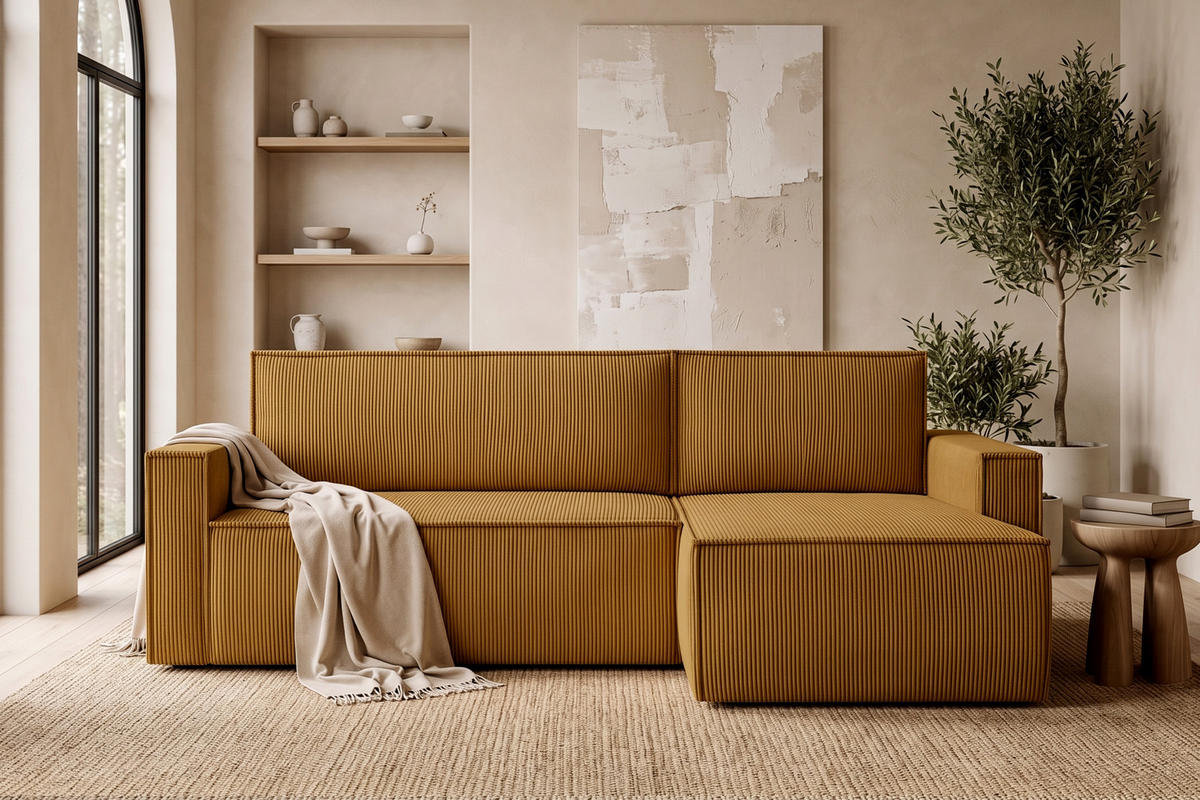 ECKSOFA-LINKS/RECHTS NAPI Schlaffunktion mit Cordbezug, Gelb - Gelb/Schwarz, Textil (246/148cm) - KONSIMO®