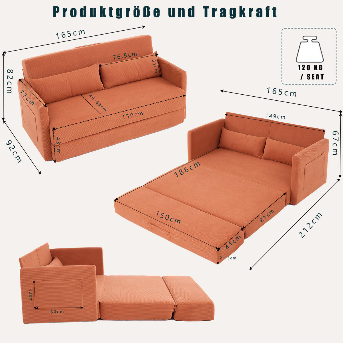 2-SITZER SCHLAFSOFA Cord Orange mit 2 Lendenkissen und 2 Magazintaschen - Orange, Holzwerkstoff/Textil (165/67/212cm) - WISHDOR
