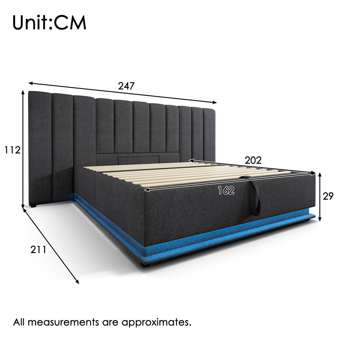POLSTERBETT mit Stauraum LED und Ladefunktion 160x200 cm Leinen Grau - Grau, Metall (160/200cm) - Meubliv