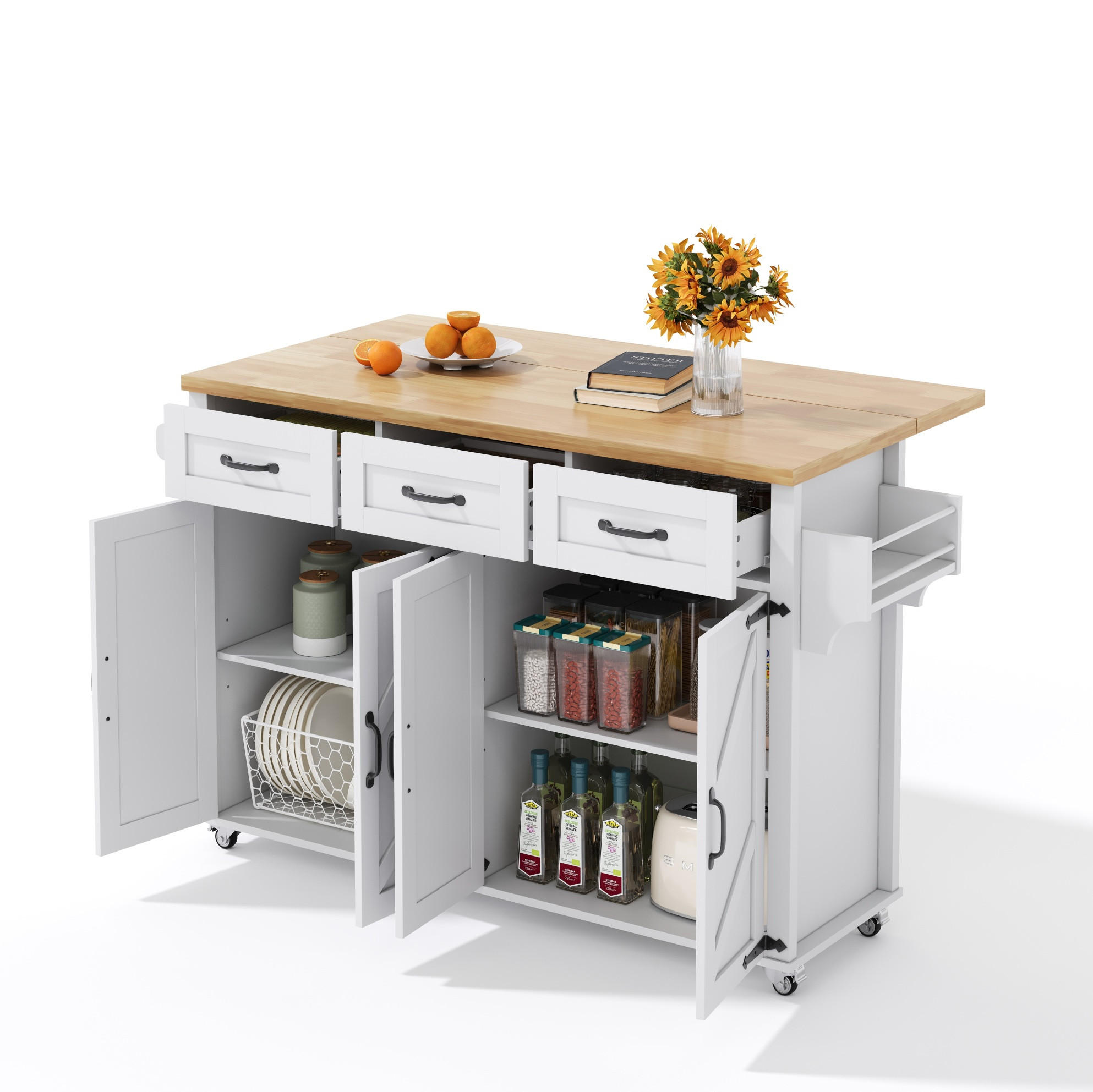 Modfu KUCHYŇSKÝ ostrůvek z MDF 140x43(70)x90,5 cm bílá/přírodní se sklápěcí deskou, zásuvkami a kolečky