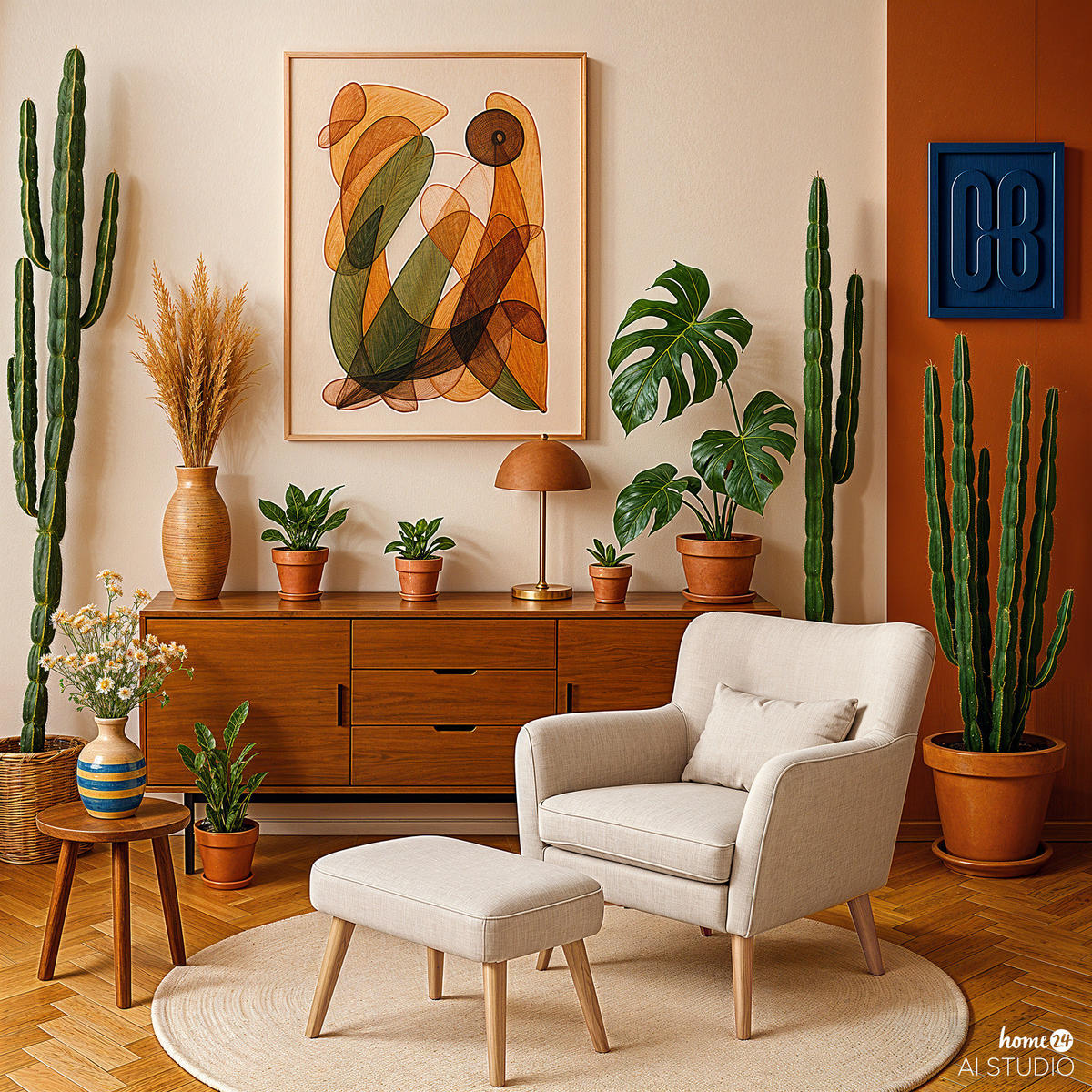 SESSEL mit Hocker - Beige, Birkenholz/Textil (75/96/78cm) - home24