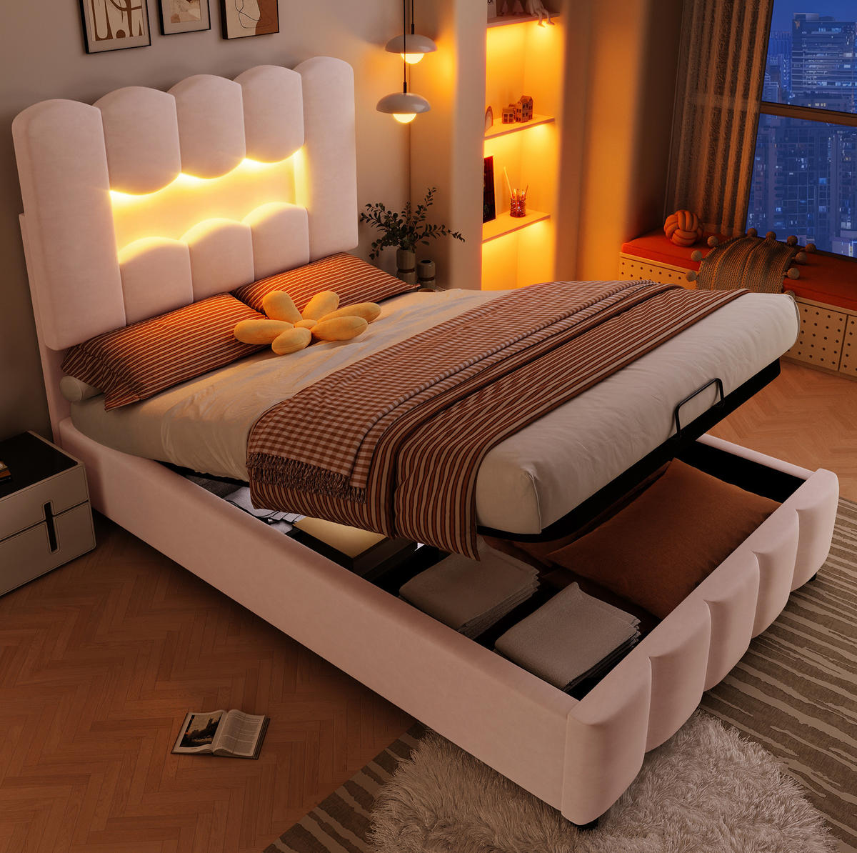 POLSTERBETT mit Stauraum und LED 90x200 cm Samt Rosa - Pink, Metall (90/200cm) - Beauniv