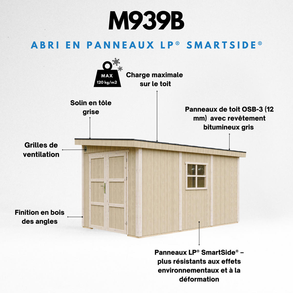 GARTENHAUS 8,68 m² - H231x248x412 cm - Ohne Boden und Seitenwand – M939B - Beige, Holz (236/231/368cm) - Timbela