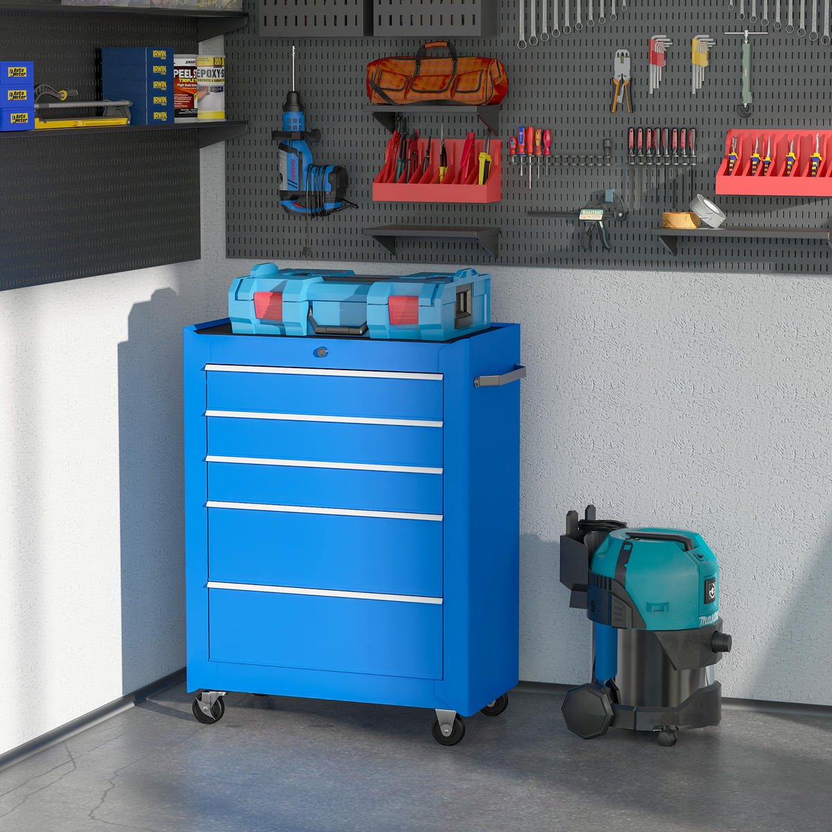 WERKZEUGWAGEN, Wagen mit Schublade, 61,5 x 33 x 82,5 cm, Blau - Multicolor, Kunststoff (33/82.5/61.5cm) - FORIOUS
