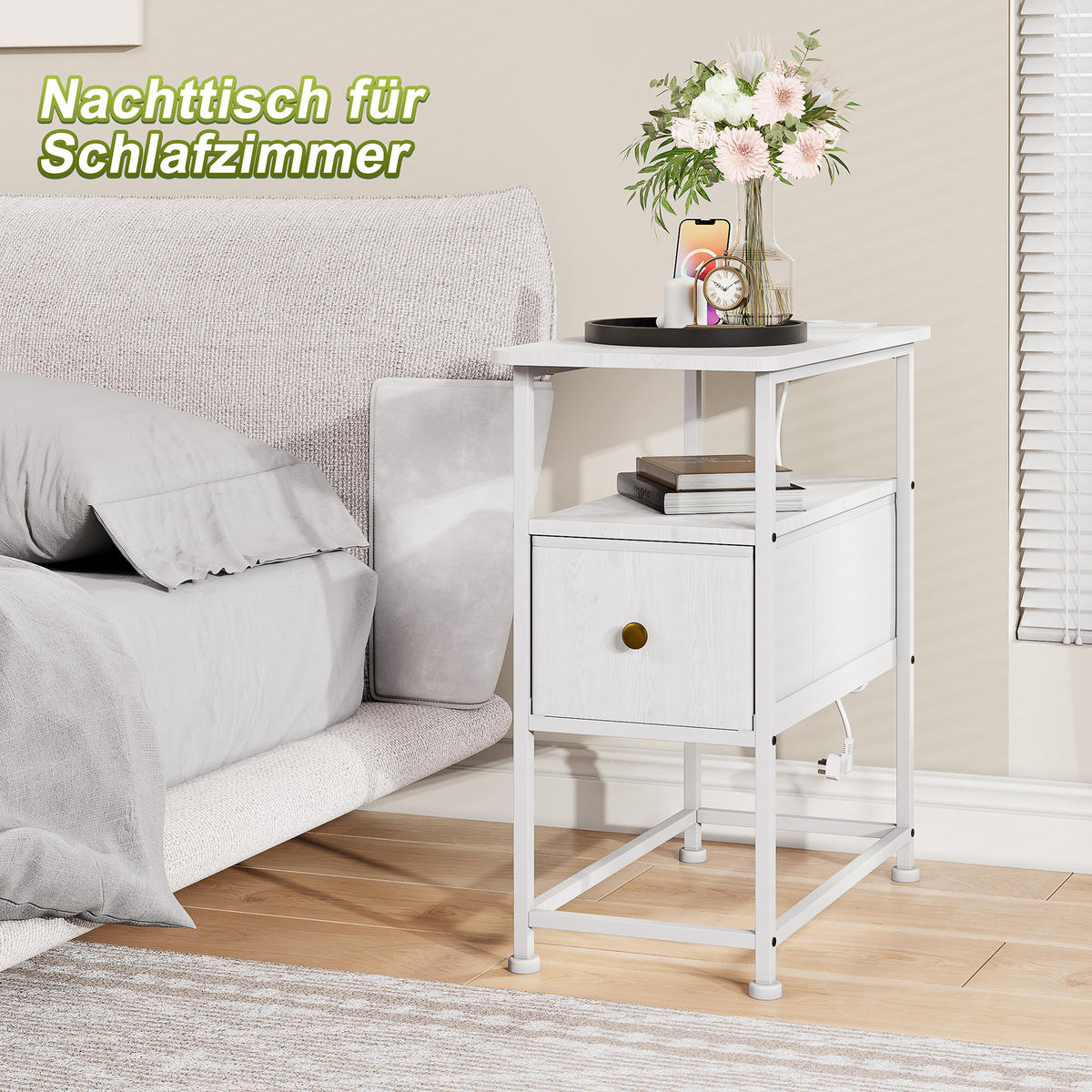 NACHTTISCH LED USB Schublade offene Fächer weiß - Weiß, Holz (60/62/30cm) - LEBENLANG