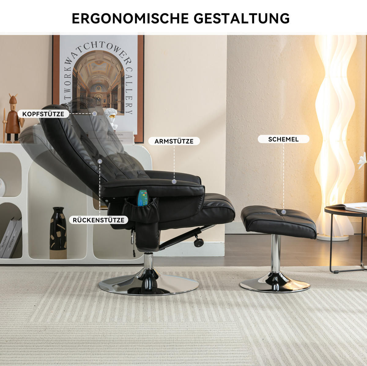 MASSAGESESSEL PU-Leder mit Heizfunktion und 5-Punkt-Massage 79/79/106 cm Schwarz - Schwarz, Kunststoff (79/106/79cm) - Redom